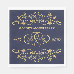 Golden swirls, hearts 50th Wedding Anniversary Napkin