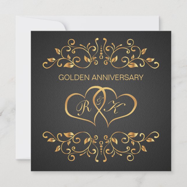 Golden swirls, joined hearts 50th Anniversary Invitation (Front)