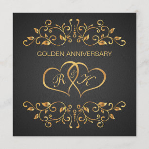 Golden swirls, joined hearts 50th Anniversary Invitation