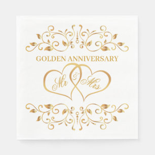 Golden swirls, joined hearts 50th Anniversary Napkin