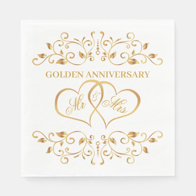 Golden swirls, joined hearts 50th Anniversary Napkin (Front)