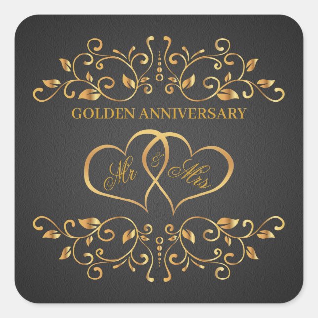 Golden swirls, joined hearts 50th Anniversary Square Sticker (Front)