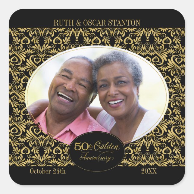 Golden Swirls on Black 50th Anniversary Photo Square Sticker (Front)