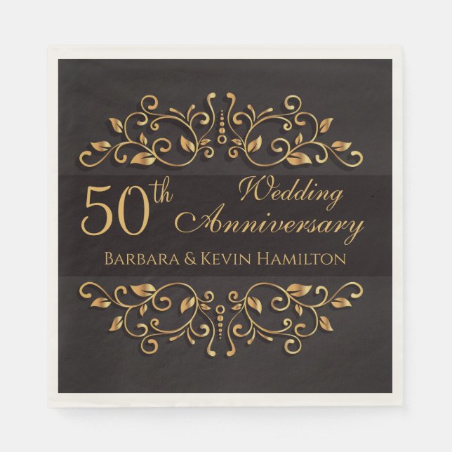 Golden swirls on black 50th Wedding Anniversary Napkin (Front)