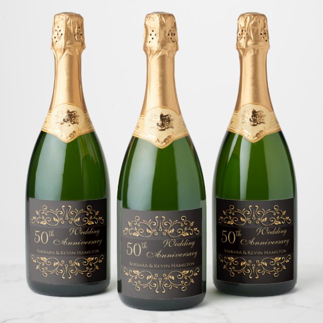Golden swirls on black 50th Wedding Anniversary Sparkling Wine Label (Bottles)