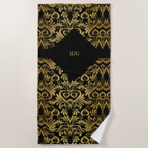 Golden Swirls on Black Monogrammed Beach Towel