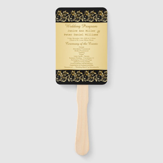 Golden swirls on black Wedding program Hand Fan (Front)