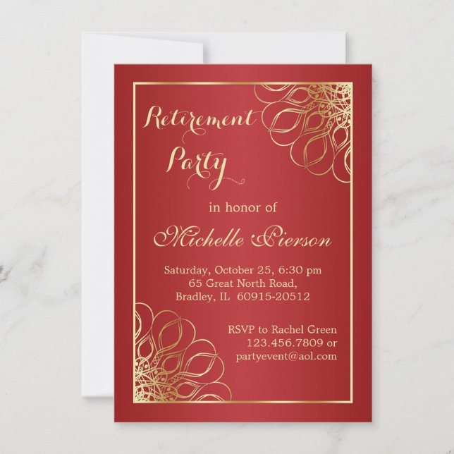Golden swirls on dark red Retirement Party Photo Invitation (Front)