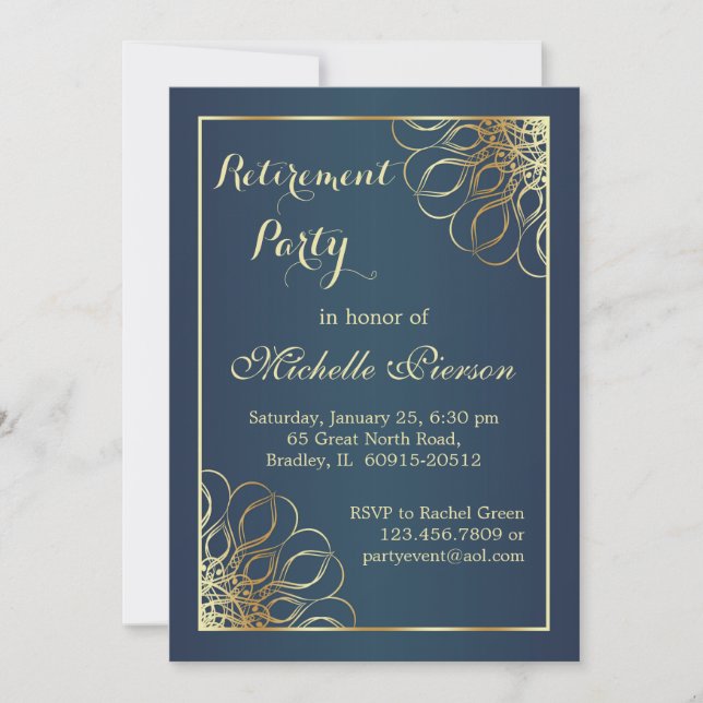 Golden swirls on midnight blue Retirement Party Invitation (Front)