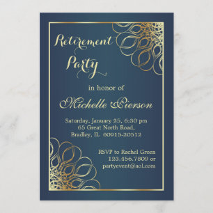 Golden swirls on midnight blue Retirement Party Invitation