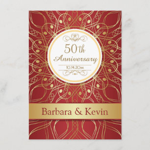 Golden swirls on red 50th Anniversary Invitation