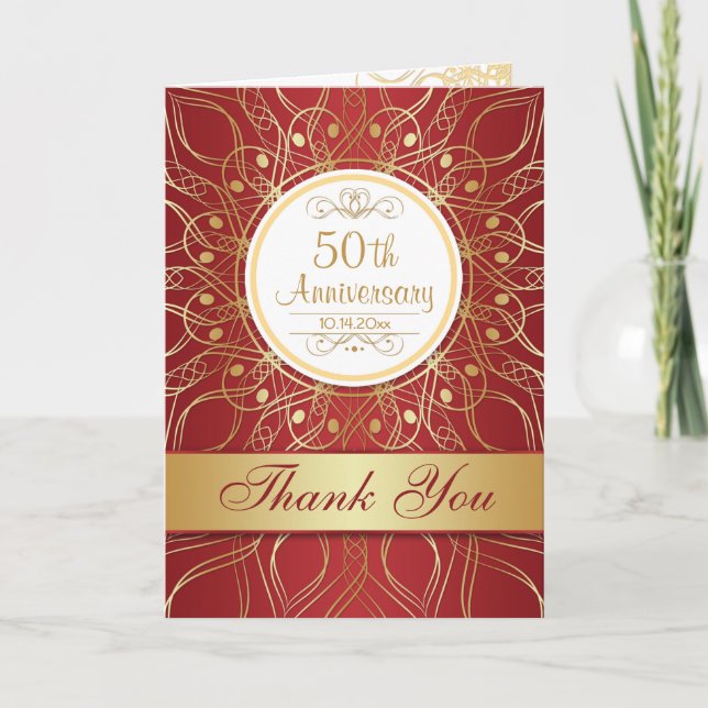 Golden swirls on red 50th Anniversary Thank You Card (Front)