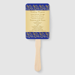 Golden swirls on royal blue Wedding program Hand Fan