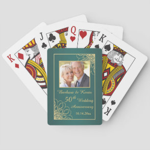 Golden swirls on teal 50th Wedding Anniversary Playing Cards