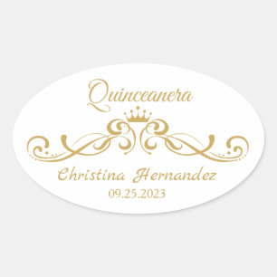 Golden swirls, Tiara Quinceanera Oval Sticker