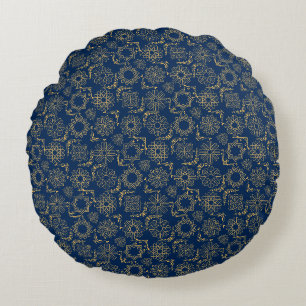 Golden Symbols Pattern 12.bw Black BG Round Cushion