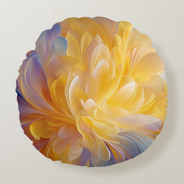 Golden Symphony of Blooming Abstract Petals Round Cushion (Front)