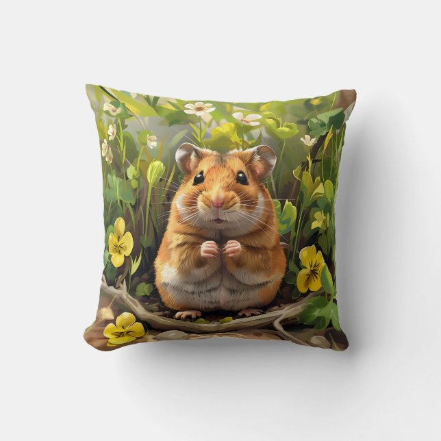 Golden Syrian Hamster In A Flower Field Cushion (Front)