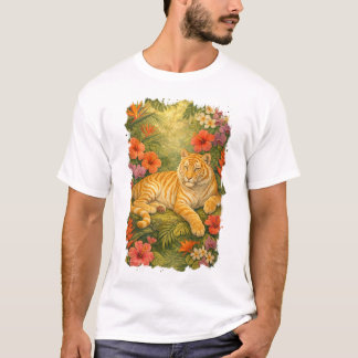 Golden Tabby Tiger among tropical flowers T-Shirt