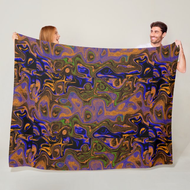 Golden Tan, Blue and Green Fire Stone Fleece Blanket (In Situ)