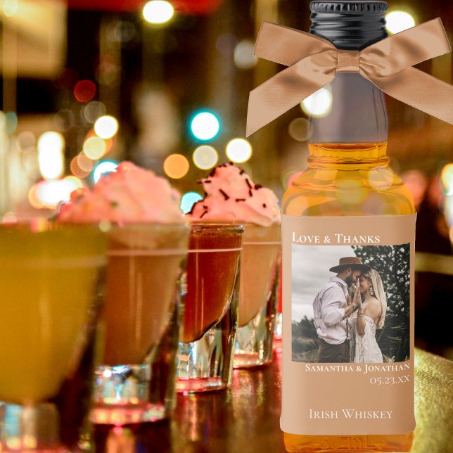 Golden Tan Love & Thanks Wedding Photo Mini Liquor Bottle Label (Creator Uploaded)