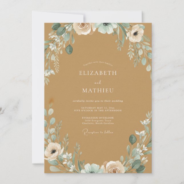 Golden Tan Peony Wedding Invitation (Front)
