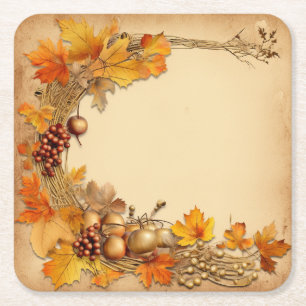 Golden Tapestry of Fall: Wreath Harvest Square Paper Coaster