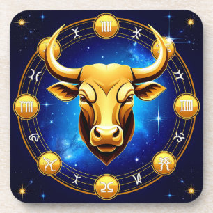 Golden Taurus Bull In Cosmic Zodiac Circle Coaster