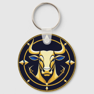 Golden Taurus Bull In Cosmic Zodiac Circle Key Ring