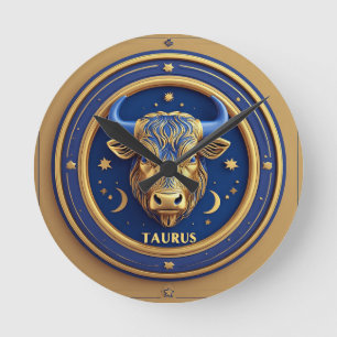 Golden Taurus Bull In Cosmic Zodiac Circle Round Clock