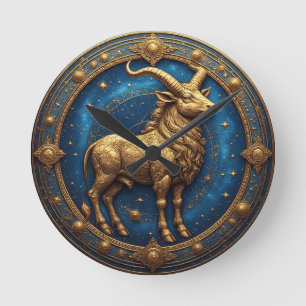Golden Taurus Bull In Cosmic Zodiac Circle Round Clock