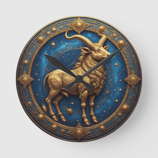 Golden Taurus Bull In Cosmic Zodiac Circle Round Clock (Front)