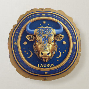Golden Taurus Bull In Cosmic Zodiac Circle Round Cushion