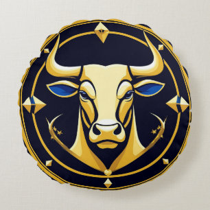 Golden Taurus Bull In Cosmic Zodiac Circle Round Cushion