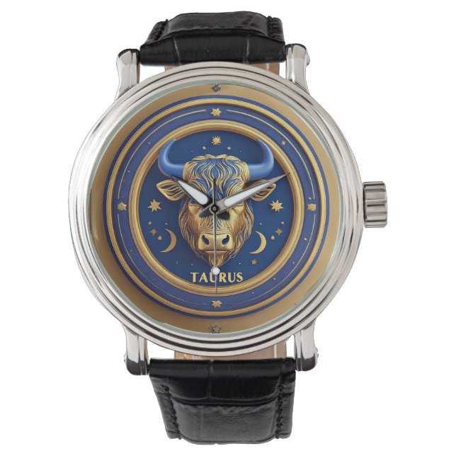Golden Taurus Bull In Cosmic Zodiac Circle Watch (Front)