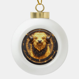 Golden Taurus Bull Within a Circular Zodiac Wheel Ceramic Ball Christmas Ornament