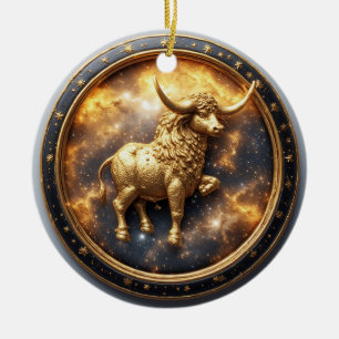 Golden Taurus Bull Within a Circular Zodiac Wheel Ceramic Tree Decoration