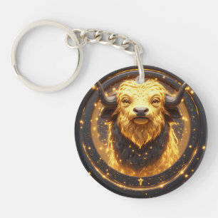 Golden Taurus Bull Within a Circular Zodiac Wheel Key Ring