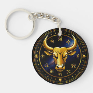 Golden Taurus Bull Within a Circular Zodiac Wheel Key Ring