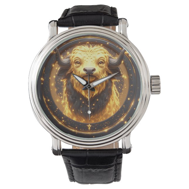 Golden Taurus Bull Within a Circular Zodiac Wheel Watch (Front)