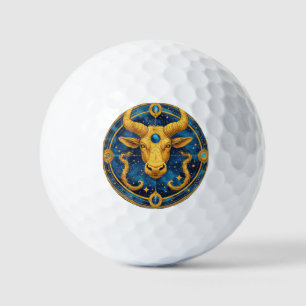 Golden Taurus Symbol On Blue Circle Golf Balls