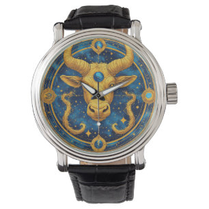 Golden Taurus Symbol On Blue Circle Watch