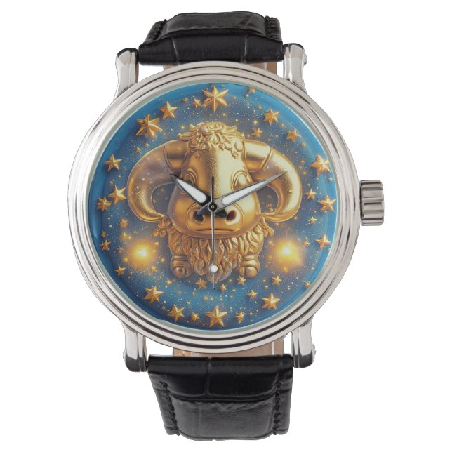 Golden Taurus Symbol On Blue Circle Watch (Front)