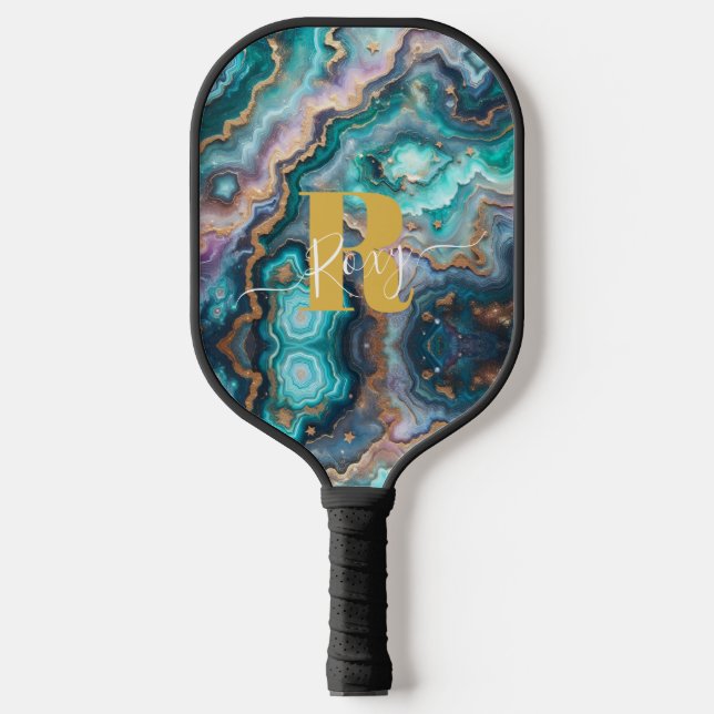 Golden Teal Aqua Agate Custom Modern Monogram Pickleball Paddle (Front)