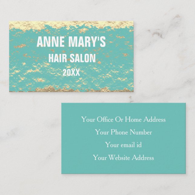 Golden Teal Blue White Hair Salon Glittery Pattern Business Card (Front/Back)
