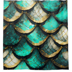 "Golden Teal Opulence: Mermaid Tail Pattern" Shower Curtain