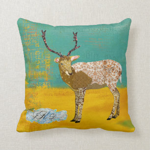 Golden Teal Ornate Deer Monogram  Mojo Pillow