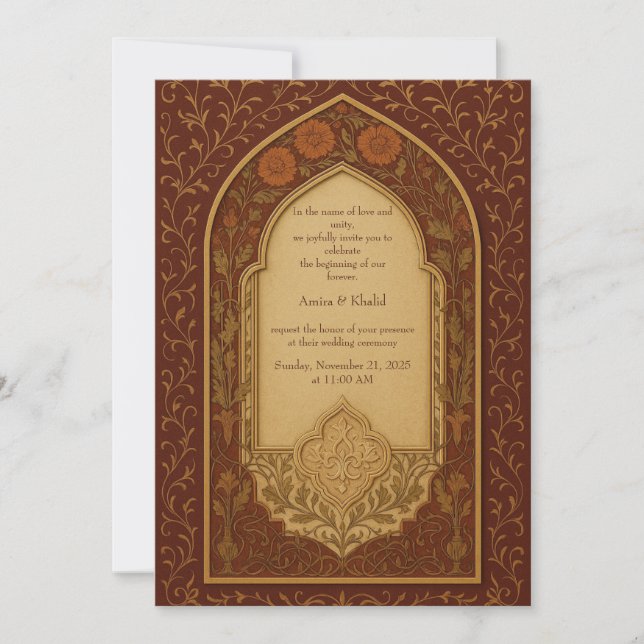 golden terracotta Arabian Floral Arch Wedding Invitation (Front)