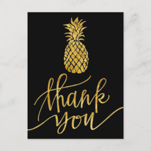 golden thank you calligraphy pineapple on black postcard