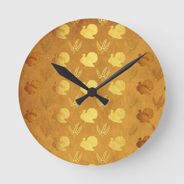 Golden Thanksgiving with Turkey Round Clock (Front)